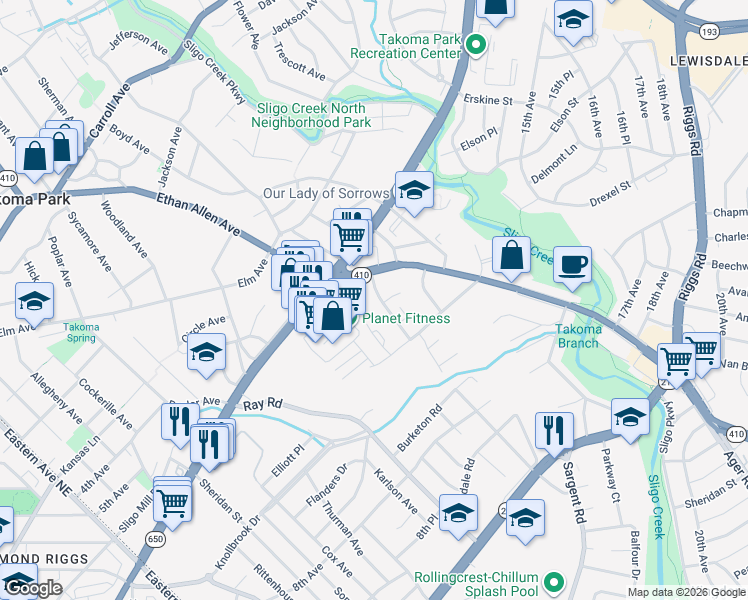map of restaurants, bars, coffee shops, grocery stores, and more near 6816 Red Top Road in Takoma Park
