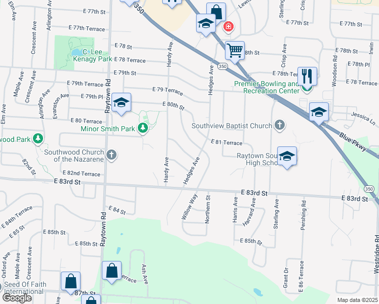 map of restaurants, bars, coffee shops, grocery stores, and more near 10510 East 81 Terrace in Raytown