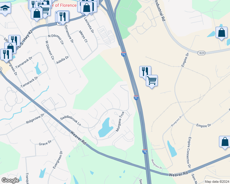 map of restaurants, bars, coffee shops, grocery stores, and more near 144 Hitching Post Place in Florence