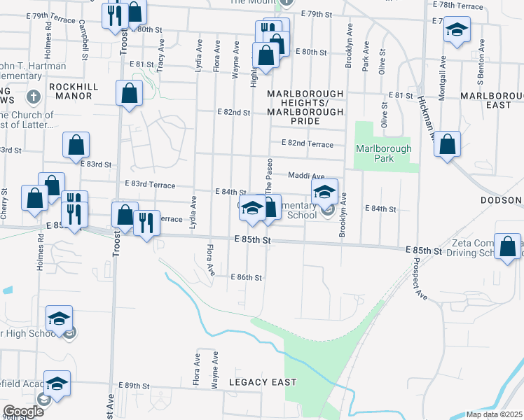 map of restaurants, bars, coffee shops, grocery stores, and more near 8414 The Paseo in Kansas City