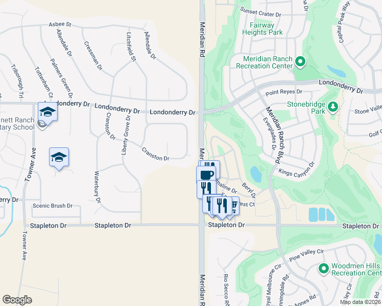 map of restaurants, bars, coffee shops, grocery stores, and more near 11541 Cranston Drive in Peyton