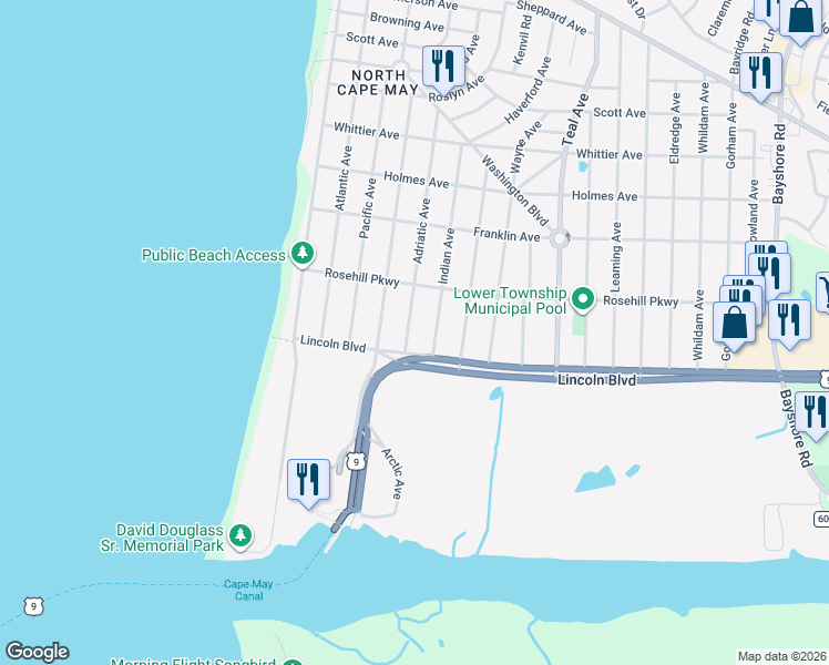 map of restaurants, bars, coffee shops, grocery stores, and more near 713 Adriatic Avenue in Lower Township