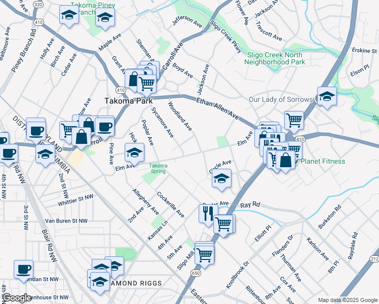 map of restaurants, bars, coffee shops, grocery stores, and more near 402 Elm Avenue in Takoma Park