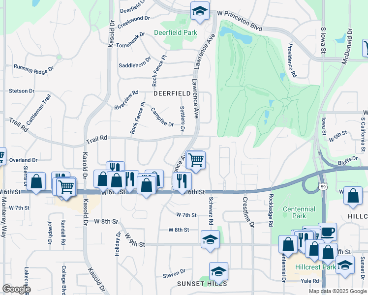 map of restaurants, bars, coffee shops, grocery stores, and more near 513 Lawrence Avenue in Lawrence