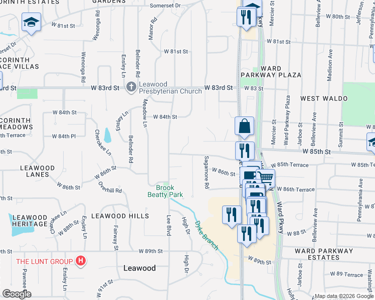 map of restaurants, bars, coffee shops, grocery stores, and more near 2300 West 85th Terrace in Leawood