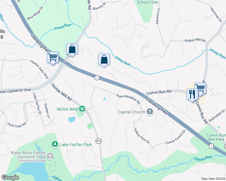 map of restaurants, bars, coffee shops, grocery stores, and more near 10500 Dunn Meadow Road in Vienna