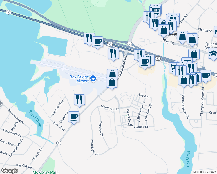 map of restaurants, bars, coffee shops, grocery stores, and more near 161 Romancoke Road in Stevensville