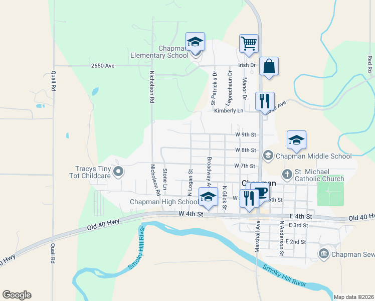 map of restaurants, bars, coffee shops, grocery stores, and more near 505 West 8th Street in Chapman