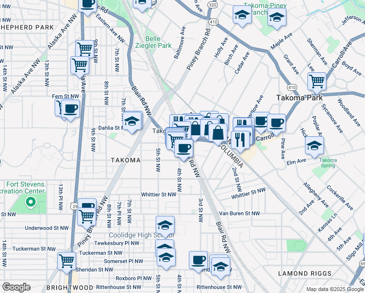 map of restaurants, bars, coffee shops, grocery stores, and more near 6925 4th Street Northwest in Washington