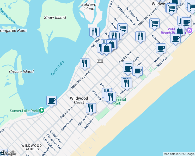 map of restaurants, bars, coffee shops, grocery stores, and more near 125 East Fern Road in Wildwood Crest
