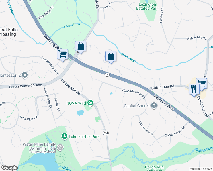 map of restaurants, bars, coffee shops, grocery stores, and more near 10513 Dunn Meadow Road in Vienna