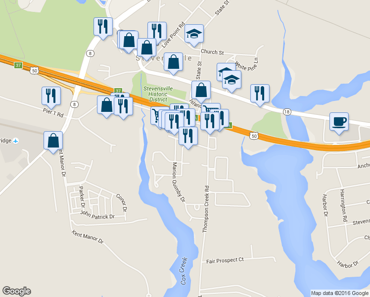 map of restaurants, bars, coffee shops, grocery stores, and more near 528 Thompson Creek Road in Stevensville