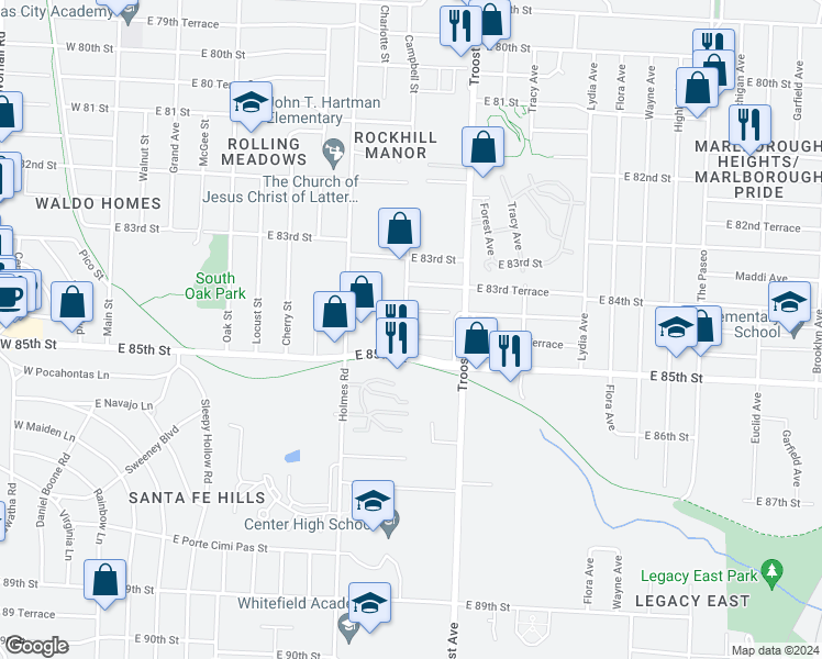 map of restaurants, bars, coffee shops, grocery stores, and more near 904 East 84th Terrace in Kansas City