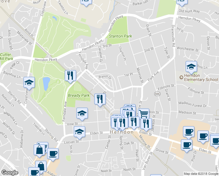 map of restaurants, bars, coffee shops, grocery stores, and more near 910 Park Avenue in Herndon