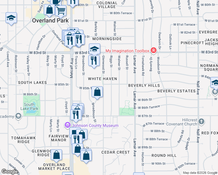 map of restaurants, bars, coffee shops, grocery stores, and more near 8506 Riggs Street in Overland Park