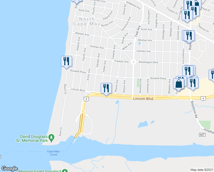 map of restaurants, bars, coffee shops, grocery stores, and more near 710 Caspian Avenue in North Cape May
