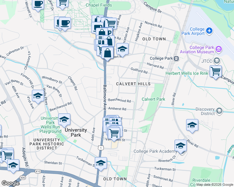 map of restaurants, bars, coffee shops, grocery stores, and more near 6902 Wake Forest Drive in College Park