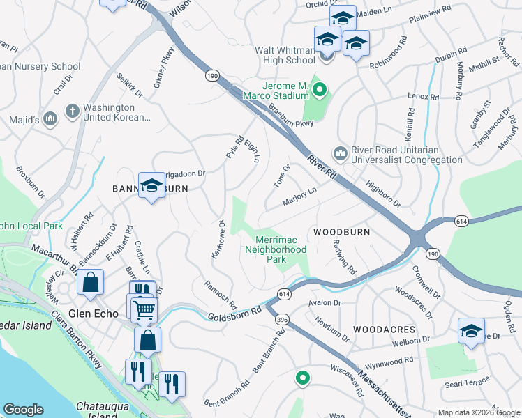 map of restaurants, bars, coffee shops, grocery stores, and more near 6501 Marjory Lane in Bethesda