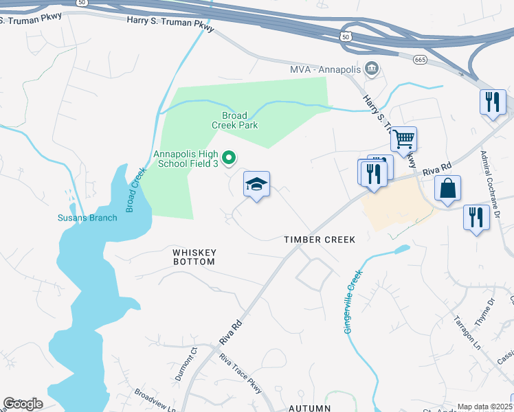 map of restaurants, bars, coffee shops, grocery stores, and more near 2700 Riva Road in Annapolis