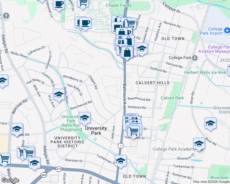 map of restaurants, bars, coffee shops, grocery stores, and more near 6904 Oakridge Road in University Park