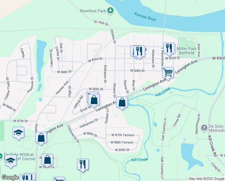 map of restaurants, bars, coffee shops, grocery stores, and more near 8520 Ottawa Street in De Soto