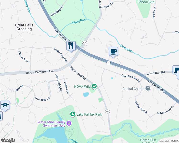 map of restaurants, bars, coffee shops, grocery stores, and more near 10682 Water Falls Lane in Vienna
