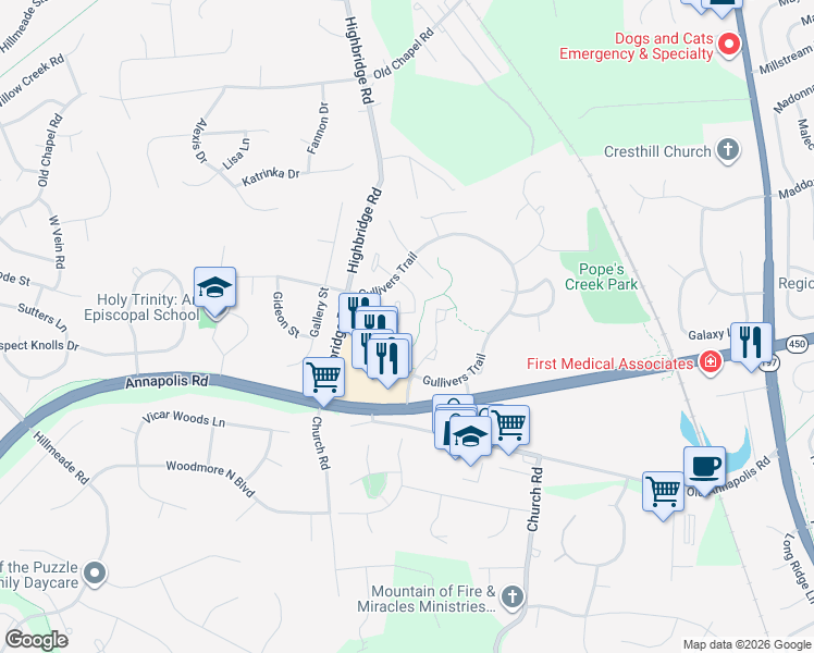 map of restaurants, bars, coffee shops, grocery stores, and more near 13617 Gresham Court in Bowie