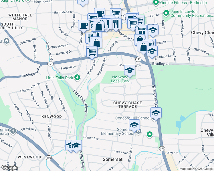 map of restaurants, bars, coffee shops, grocery stores, and more near 4858 Chevy Chase Boulevard in Chevy Chase