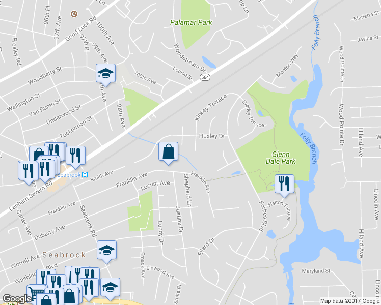 map of restaurants, bars, coffee shops, grocery stores, and more near 6202 Kinsey Terrace in Lanham