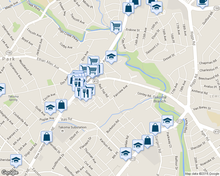 map of restaurants, bars, coffee shops, grocery stores, and more near 6821 Red Top Road in Takoma Park