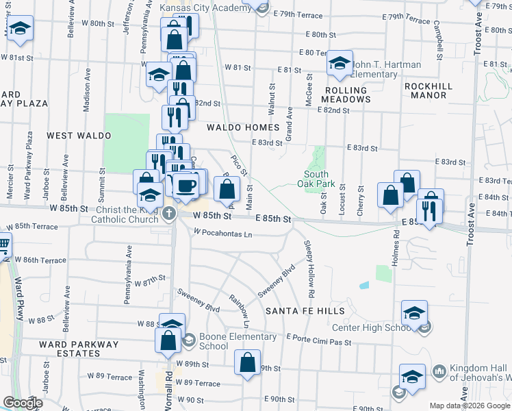 map of restaurants, bars, coffee shops, grocery stores, and more near 8447 Main Street in Kansas City