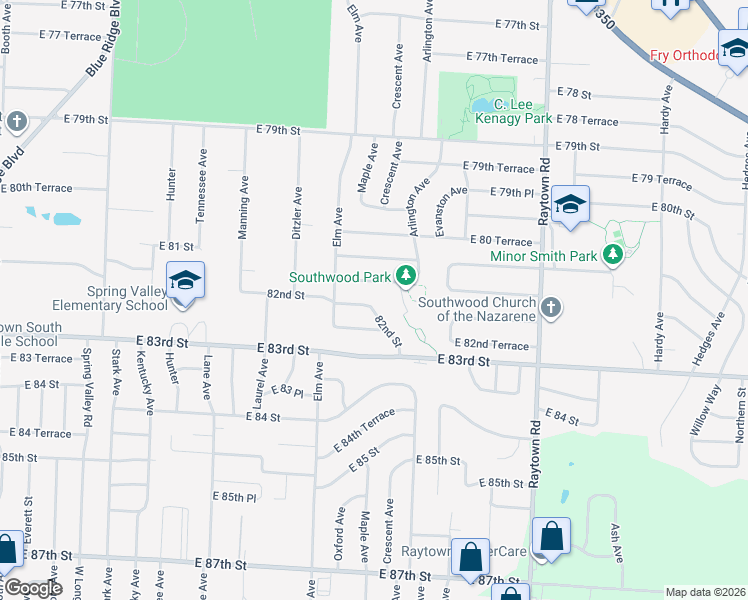 map of restaurants, bars, coffee shops, grocery stores, and more near 9404 82nd Street in Raytown