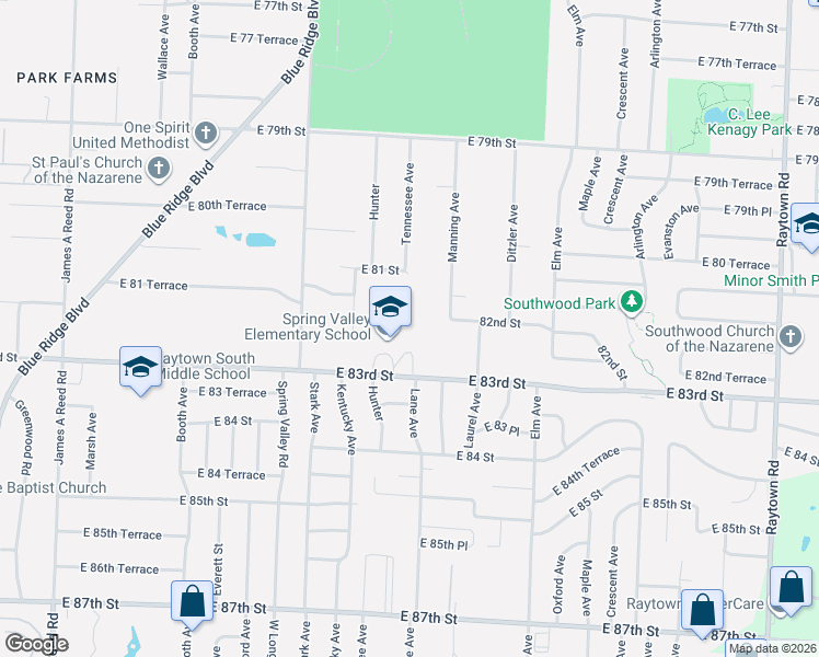 map of restaurants, bars, coffee shops, grocery stores, and more near 8844 East 83rd Street in Raytown