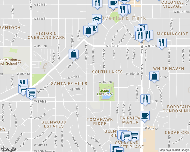 map of restaurants, bars, coffee shops, grocery stores, and more near 8509 Robinson Street in Overland Park