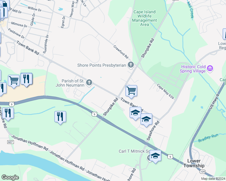 map of restaurants, bars, coffee shops, grocery stores, and more near 695 Town Bank Road in North Cape May
