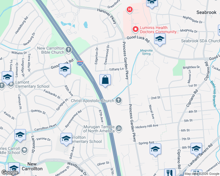 map of restaurants, bars, coffee shops, grocery stores, and more near 6405 Tiffany Court in Lanham