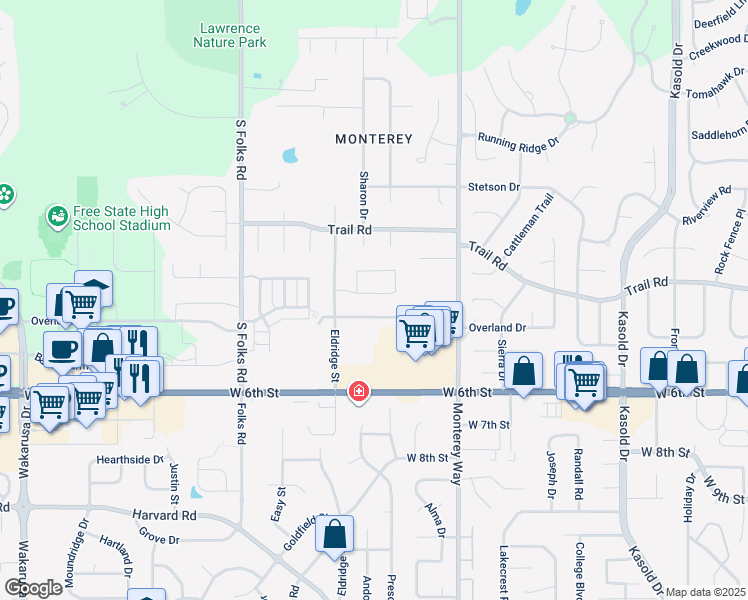 map of restaurants, bars, coffee shops, grocery stores, and more near 4125 Seele Way in Lawrence