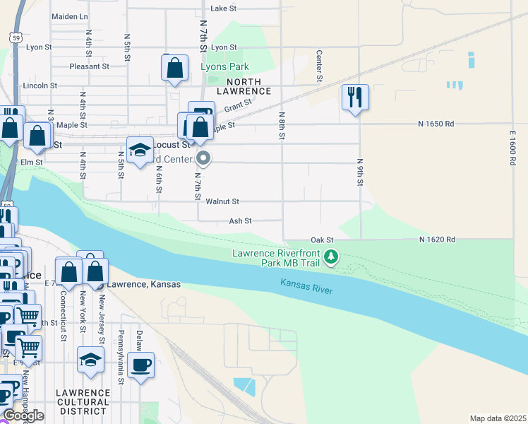 map of restaurants, bars, coffee shops, grocery stores, and more near 783 Ash Street in Lawrence