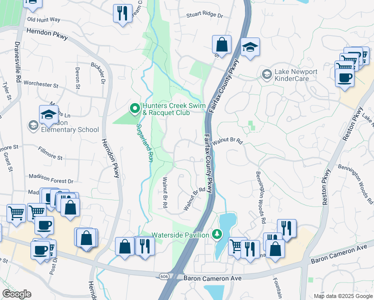 map of restaurants, bars, coffee shops, grocery stores, and more near 12011 North Walnut Branch Road in Reston