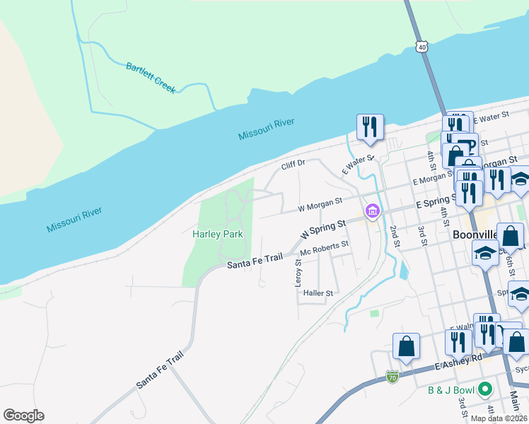 map of restaurants, bars, coffee shops, grocery stores, and more near 501-521 Park Avenue in Boonville