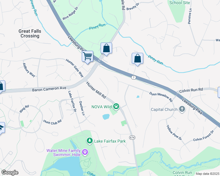 map of restaurants, bars, coffee shops, grocery stores, and more near 10682 Water Falls Lane in Vienna