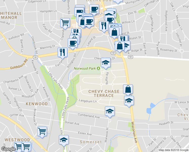 map of restaurants, bars, coffee shops, grocery stores, and more near 4874 Chevy Chase Blvd in Chevy Chase