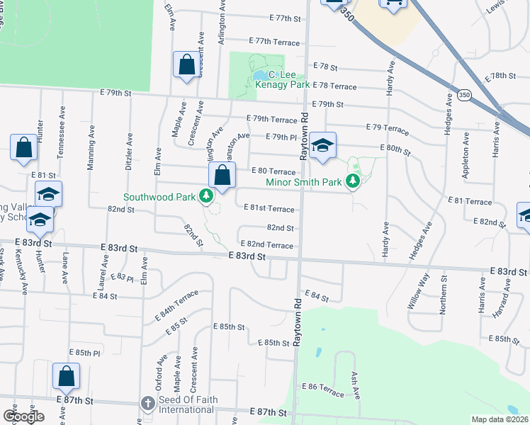 map of restaurants, bars, coffee shops, grocery stores, and more near 9801 East 81st Terrace in Raytown