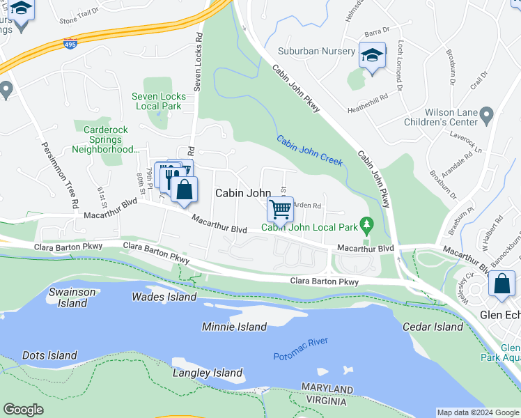 map of restaurants, bars, coffee shops, grocery stores, and more near 7652 Tomlinson Avenue in Cabin John