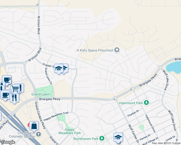 map of restaurants, bars, coffee shops, grocery stores, and more near 5294 Mount Cutler Court in Colorado Springs