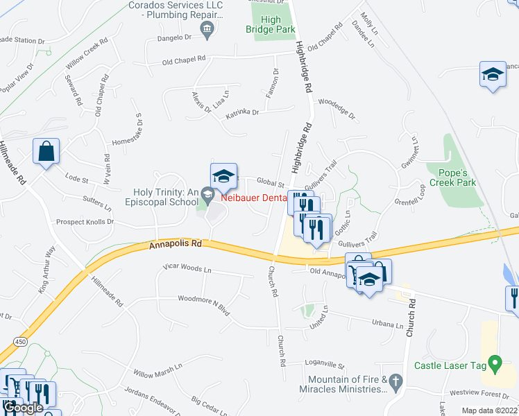 map of restaurants, bars, coffee shops, grocery stores, and more near 6203 Gideon Street in Bowie