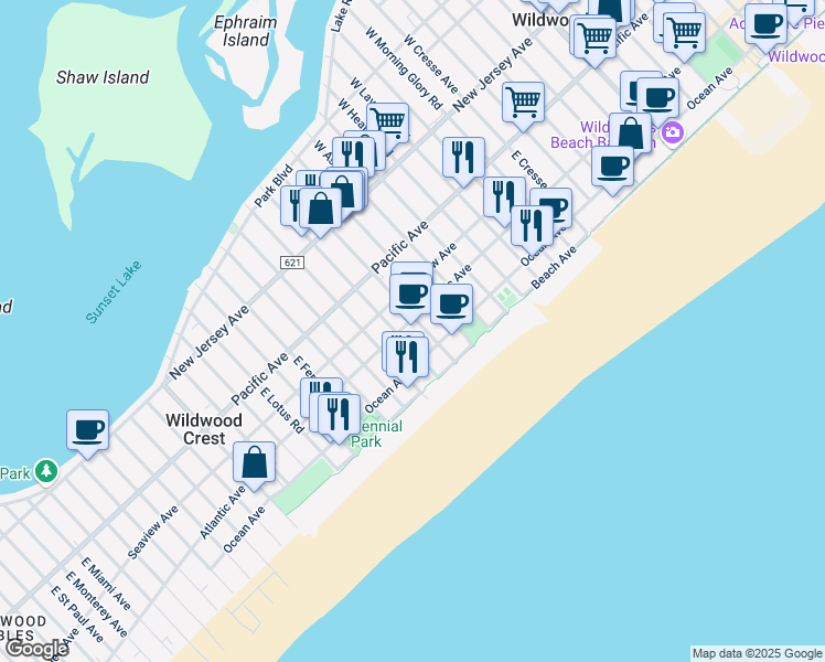 map of restaurants, bars, coffee shops, grocery stores, and more near 6201 Atlantic Avenue in Wildwood Crest