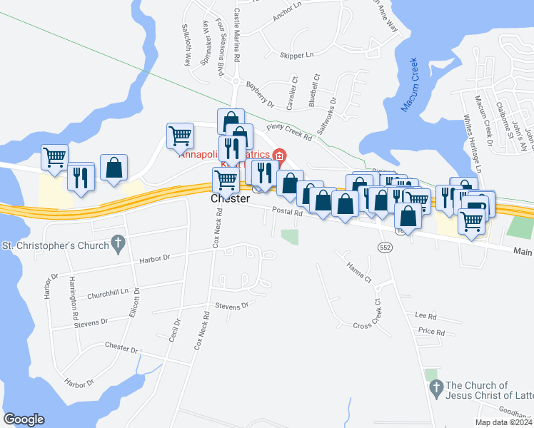 map of restaurants, bars, coffee shops, grocery stores, and more near 1518 Postal Road in Chester