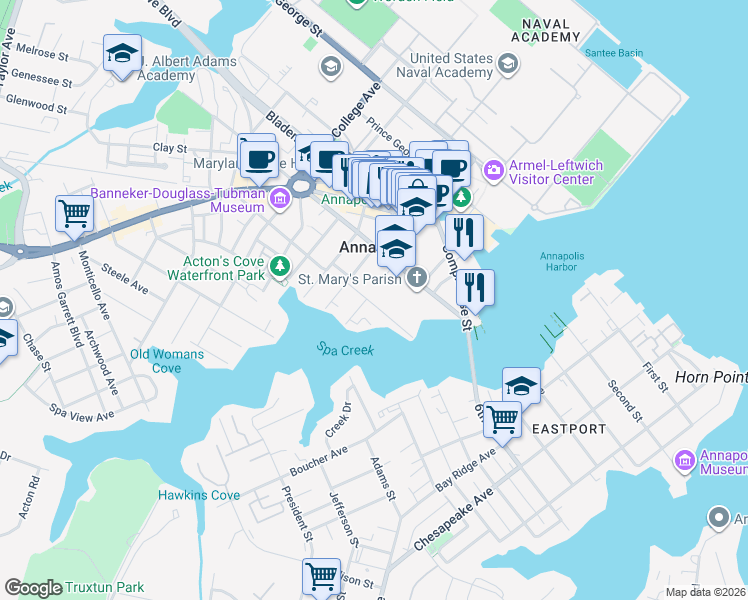 map of restaurants, bars, coffee shops, grocery stores, and more near 76 Shipwright Street in Annapolis