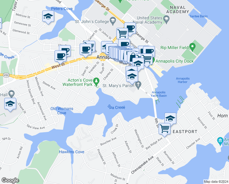 map of restaurants, bars, coffee shops, grocery stores, and more near 84 Market Street in Annapolis